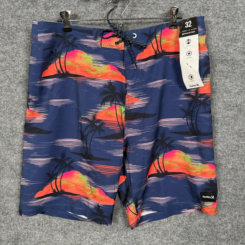 New Hurley Phantom Mens‎ Size 32 Swim Trunks Board Shorts Black Tropical Prints